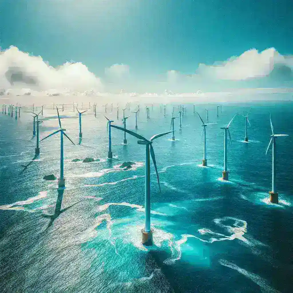 "Flutuação de turbinas eólicas no Atlântico com céu azul ao fundo - Empresas de energia inovam em sustentabilidade e tecnologia renovável."