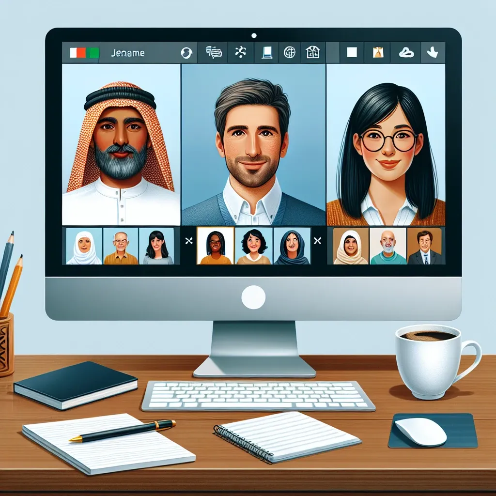 "Telas de videoconferência exibindo diversos profissionais em uma reunião online, representando os melhores softwares de videoconferência para home office."