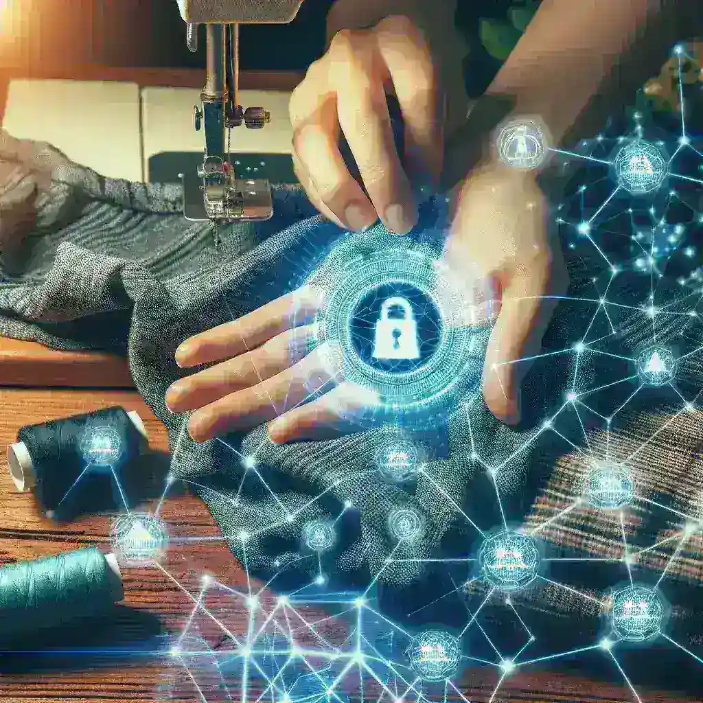 "Imagem de um gráfico ilustrando como a indústria da moda utiliza tecnologia blockchain para rastrear a origem dos tecidos, destacando transparência e sustentabilidade no processo de fabricação."