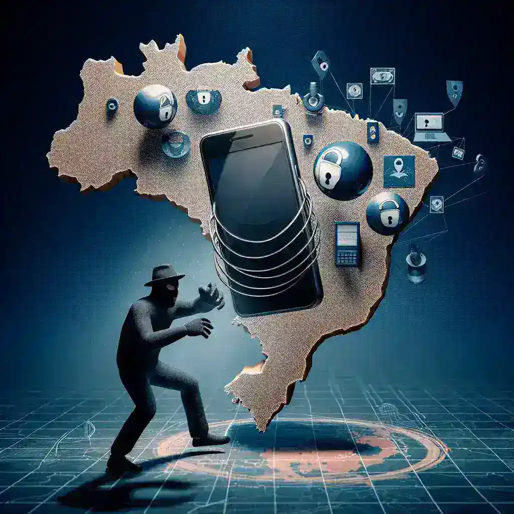 "Imagem ilustrativa da epidemia de roubos de celulares e ciberfraudes no Brasil, destacando as estatísticas de criminalidade e prevenção. A imagem mostra gráficos e dados relacionados à segurança digital, refletindo a gravidade da situação."