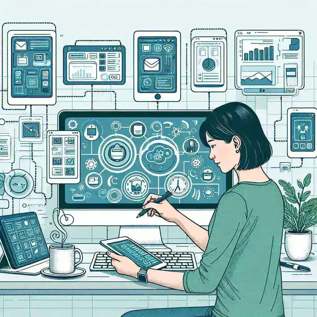 "Ilustração mostrando a automação de tarefas no trabalho usando ferramentas digitais, com gráficos, ícones de software e uma pessoa usando um computador para otimizar produtividade."