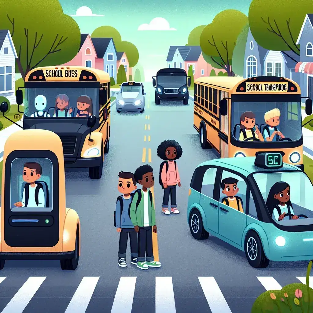 "Carro autônomo em teste em rota de transporte escolar, destacando a tecnologia de veículos autônomos aplicada à segurança e eficiência do transporte de alunos."